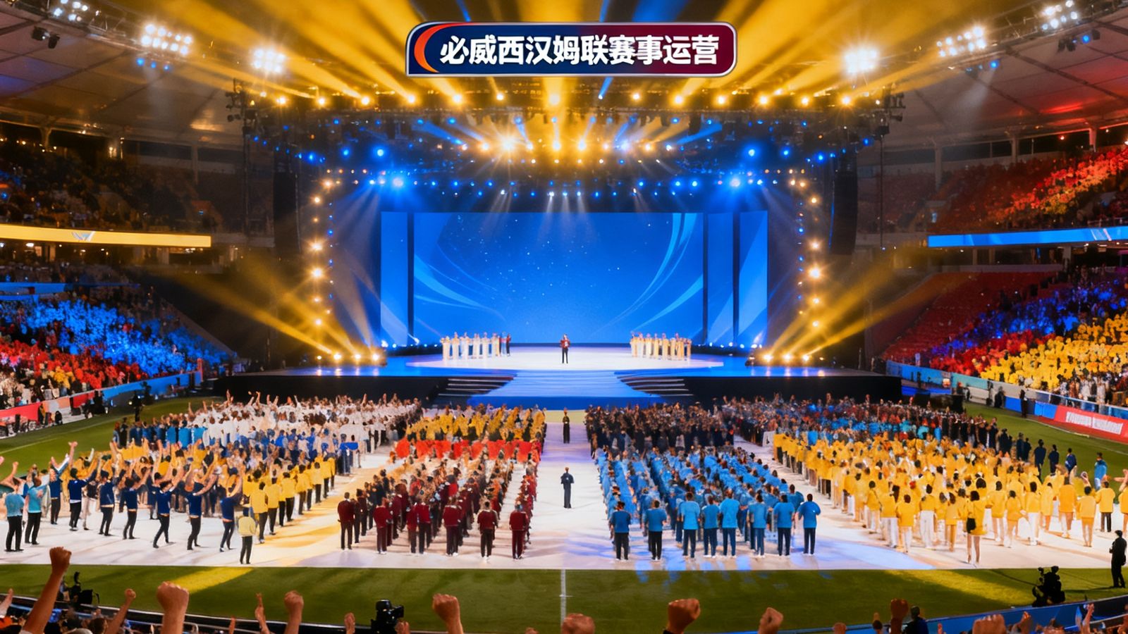 大型体育赛事开幕式现场,绚丽灯光舞台与满场观众,展现必威西汉姆联赛事运营的专业策划与执行能力