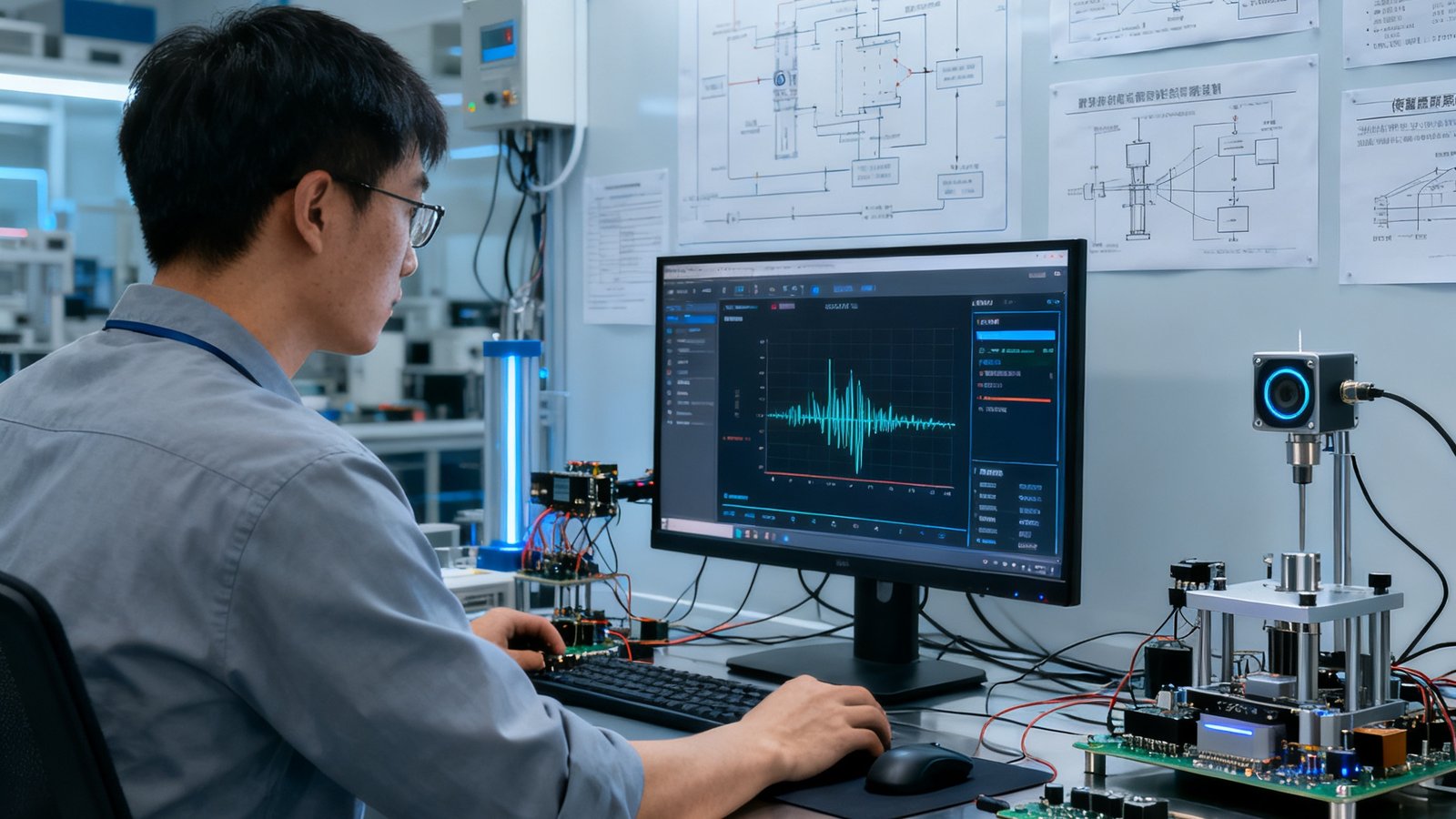 体育科技研发实验室内,工程师正在测试运动传感器和数据分析算法,墙上贴满技术架构图